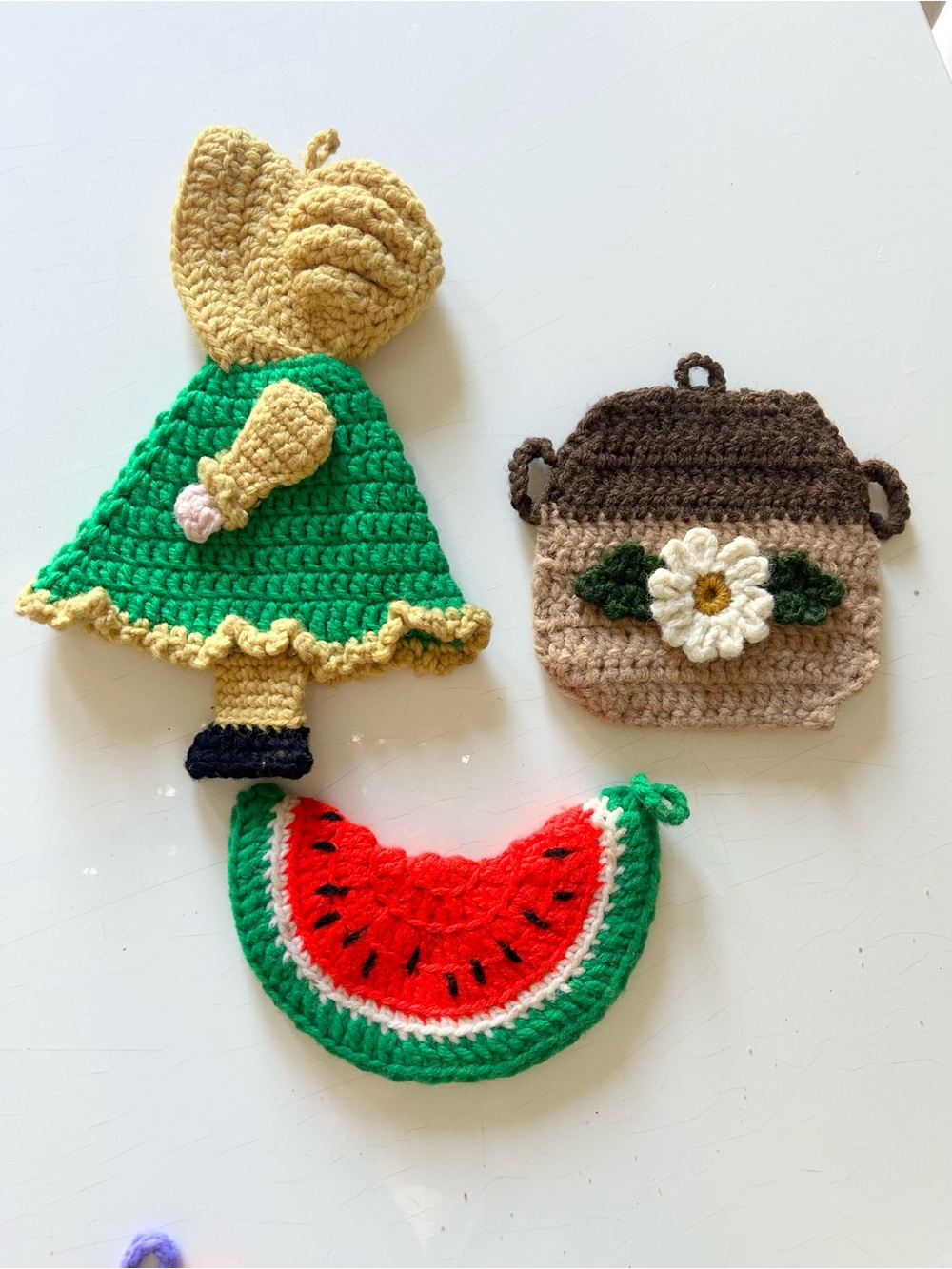 Handmade Crochet Play Set Girl Green Dress, Red Watermelon & Brown Flower Pot
